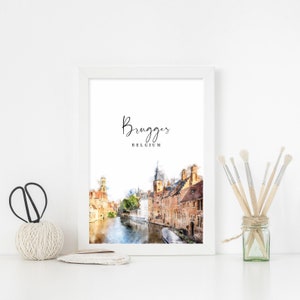 Brugges Watercolour Painting Illustration Print, Brugges Skyline Cityscape, Belgian Wall Art, Belgium Travel Poster, Brugges Poster