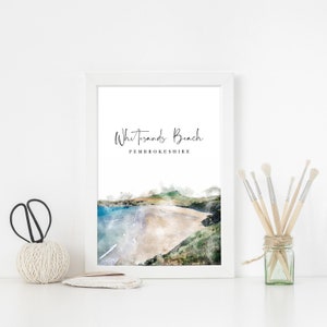 St Davids Whitesands Beach Watercolour Painting Illustration Print, British Coast South Wales Art, Pembrokeshire Travel Poster Postcard