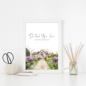 Stratford Watercolour Painting Illustration Print, Countryside Wall Art, Shakespeare Hamlet, Macbeth, Romeo & Juliet, Warwick Travel Poster