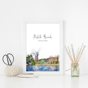 Norfolk Broads Watercolour Painting Illustration Print, British Coastal Countryside Wall Art Decor, Norfolk Coast Travel Poster / Postcard