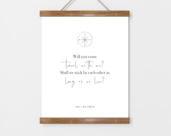 Will You Come Travel With Me Walt Whitman Literary Quote Compass Illustration Print - Travelling / Love Wall Art, Book Lover Gift / Present