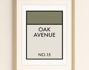 Personalised Monopoly Property Print, Custom Street, Colour & Number, Fun Address Wall Art, Housewarming, New House, First Home, Moving Gift