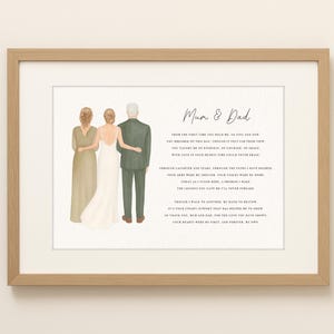 Könnte beinhalten: Ein gerahmter Druck mit einer Aquarellillustration einer Braut, ihrer Eltern und einem Gedicht. Die Braut trägt ein weißes Kleid, ihre Mutter ein beiges Kleid und ihr Vater einen grünen Anzug. Der Text lautet "Mum & Dad".