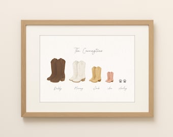 Könnte beinhalten: Gerahmter Druck mit Aquarellillustrationen von Cowboy-Stiefeln in Braun, Weiß, Gelb und Rosa. Der Text "The Carringtons" steht über den Stiefeln, mit Namen darunter. Pfotenabdrücke sind enthalten.