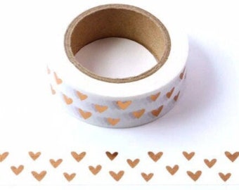 Hearts, Washi Tape, 1m/10m Option Copper Tone Foil Washi Tape, Scrapbooking Washi Tape, 1m Sample Washi Tape, 10m Full Roll Washi Tape