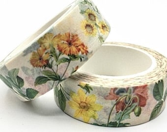 Flowers Washi Tape, 1m/10m Option, Scrapbooking Washi Tape Flowers, 1m Sample Washi Tape, 10m Full Roll Washi Tape