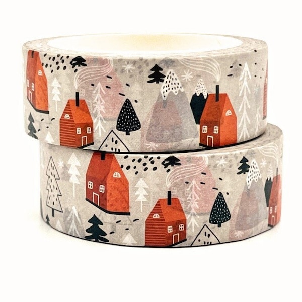 Red House and Fir Trees, Washi Tape, 1m/10m Option Washi Tape, Scrapbooking Washi Tape, 1m Sample Washi Tape, 10m Full Roll Washi Tape