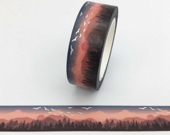 Mountain and Sunset Sky, Silver Foil, Washi Tape, Scrapbooking Washi Tape, 10m Full Roll Washi Tape