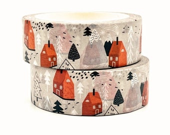 Red House and Fir Trees, Washi Tape, 1m/10m Option Washi Tape, Scrapbooking Washi Tape, 1m Sample Washi Tape, 10m Full Roll Washi Tape