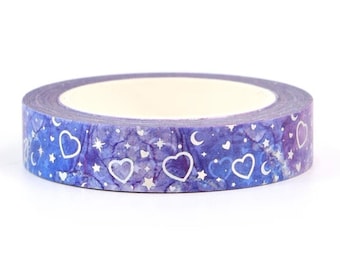 Silver Foil Hearts, Light Purple, Washi Tape, Scrapbooking Washi Tape, 10m Full Roll Washi Tape