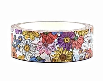Colorful Cute Flowers, Washi Tape, 1m/10m Length Option, Scrapbooking Washi Tape, 1m Sample Washi Tape, 10m Full Roll Washi Tape