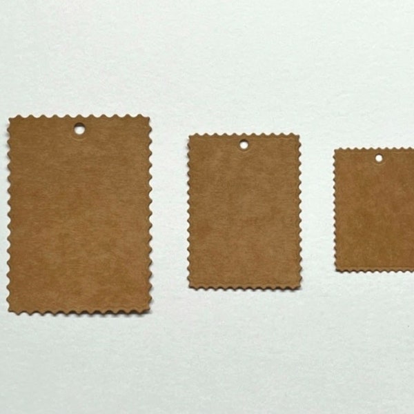 Tags, Postage Stamp Edge Gift Tags, 12 pcs Set, Kraft Paper Tags, Junk Journal Tags, Tag Dangles