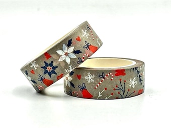Christmas Washi Tape, Flowers, Holiday, Scrapbooking, Tape — 15mm x 10m Length