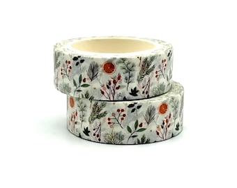 May include: Two rolls of washi tape with a white background and a pattern of green leaves, red berries, and orange citrus slices.