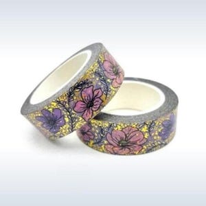Flowers, Washi Tape, Scrapbooking Washi Tape, Gold Foil Washi Tape, Floral Washi Tape, 10m Full Roll Washi Tape