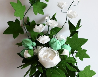 White Harmony, Yin-Yang, Japanese Ikebana, Ivy branches, Double cherry blossom, Peony Bouquet, Felt Artificial flowers