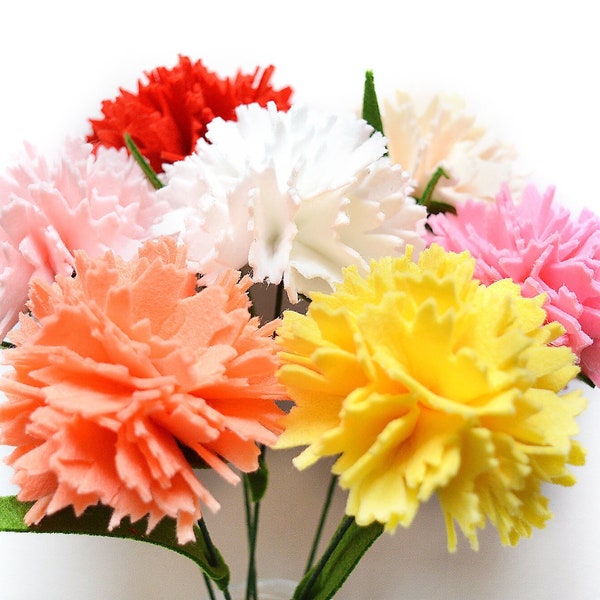 Carnations, Set of 7 Carnations, Choose Color, Felt Flowers, Handmade Flowers, Felt kit, Felt bouquet, Artificial flowers, White flowers