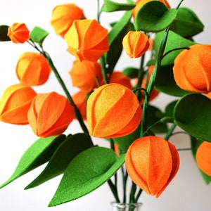 Physalis, 7 twigs, Gooseberry, Groundcherries, Greenery, Felt Flowers, Handmade Felt Flower, Felt kit, Orange bouquet image 1