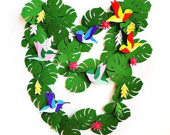 Hummingbirds & Monstera Garland, Colibri, Tropical Greenery, Liana, Felt garland, Jungle Party, Tropic Leaves, Handmade