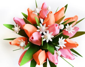Tulip Bouquet, Pink & Orange, Spring Decor, Handmade, Forever Felt flowers, Flower arrangement, Botanical decoration