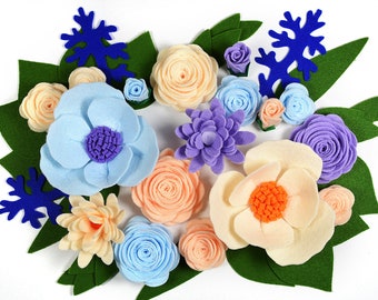 Roses and Anemones, 17 flowers, DIY Felt Flowers, Handmade Felt Flowers, Set for creativity, Felt kit, Roll Your Own