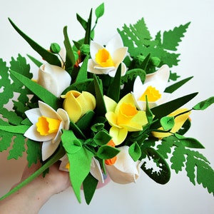 Fresh Cocktail, Daffodils and Tulips, Spring, Fern, Felt Flowers, Handmade Felt Flowers, Ready Bouquet, Felt bouquet, Artificial flowers
