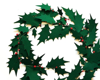 Holly Christmas Felt Garland, Red berries, New Year, Winter, Liana, Decor, Backdrop, Holiday garland