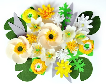 Water Flowers, 17 flowers, Felt Flowers, Handmade Felt Flowers, Felt kit, Faux flowers, Artificial flowers, White flowers, Felt bouquet