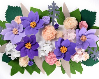 Violet bouquet, Felt Flowers, Handmade decor, Faux wildflower, Artificial bouquet, Leaves decoration, Blooming branches