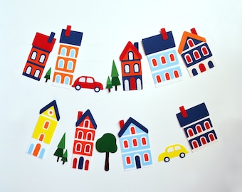 Garland Houses, Felt buildings, Street, City street, Colored Party Decoration, Home decor