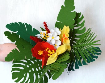 Hawaiian Bouquet, Felt Flowers, Handmade Felt Flowers, Ready Bouquet, Tropical leaves, Artificial flowers, Faux flowers, Felt leaves