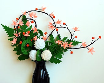 Sunrise, Ikebana, Japanese Bouquet, Sakura, Fern, Chrysanthemum, Felt Flowers, Handmade, Artificial bouquet, Flower arrangement