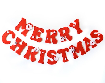 Merry Christmas Garland, Felt Garland, Banner, Christmas party, Photo prop, Backdrop, Snowflakes, Red Garland, Felt letters, Winter Holidays