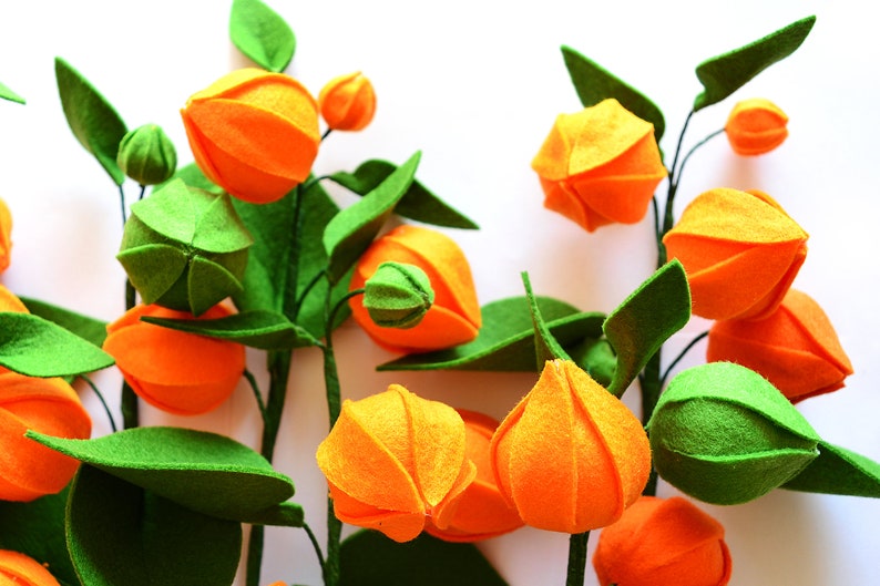 Physalis, 7 twigs, Gooseberry, Groundcherries, Greenery, Felt Flowers, Handmade Felt Flower, Felt kit, Orange bouquet image 9