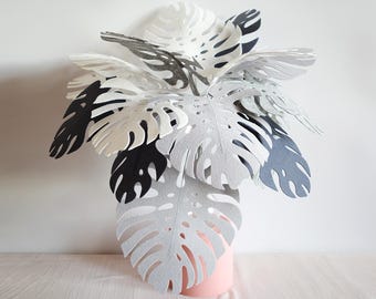 Monochrome Monstera leaves, White & Gray foliage, Tonality, Melange, Winter, Felt bouquet, Artificial Felt flowers