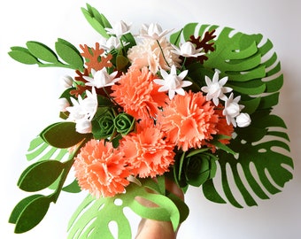 Coral carnations and Tropical leaves, Felt Flowers, Handmade, Greenery, Artificial Monstera foliage, Felt bouquet