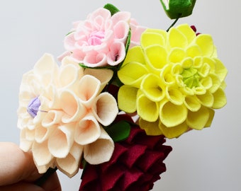 Dahlias, 5 large Dahlias, Choose Color, Felt flowers, Artificial Faux Handmade Felt bouquet