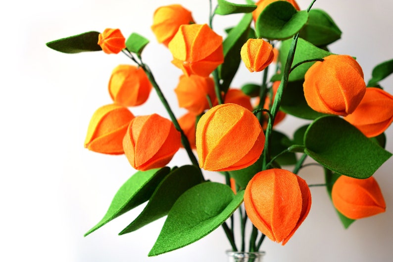 Physalis, 7 twigs, Gooseberry, Groundcherries, Greenery, Felt Flowers, Handmade Felt Flower, Felt kit, Orange bouquet image 1