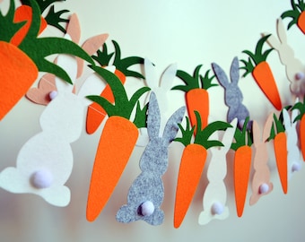 Felt Easter Garland, Bunnies and Carrots, Spring Decor, Eco-friendly office, Felt rabbit