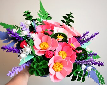 Pink Wind, Fern, Anemones, 40 flowers, Felt Flowers, Handmade Felt Flowers, Felt kit, Ready Bouquet, Artificial flowers, Felt bouquet