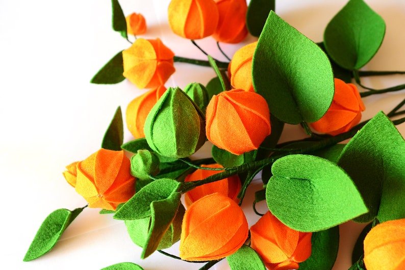 Physalis, 7 twigs, Gooseberry, Groundcherries, Greenery, Felt Flowers, Handmade Felt Flower, Felt kit, Orange bouquet image 10