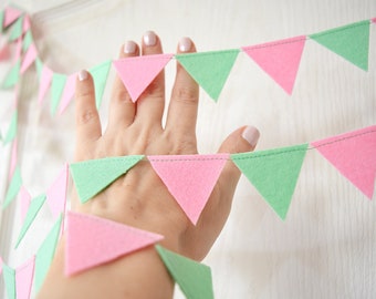 Mini gors, Roze Groen vilten slinger, Ballonstaart, Herbruikbare Party decoratie, Office Desk bunting, Baby party decoratie.
