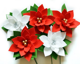 Kerstboeket, 5 Poinsettia, Rood en Wit, Kerstmis, Nieuwjaar, Feestdagen, Viltbloemen, Tafelsetting, Kunstbloemen, Viltboeket