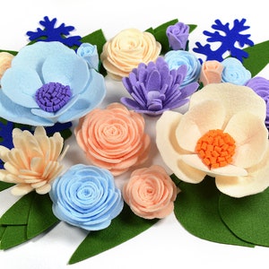 Roses and Anemones, 17 flowers, Felt Flowers, Handmade Flowers, Felt leaves, Artificial flowers, Felt bouquet, Blue flowers, Faux flowers