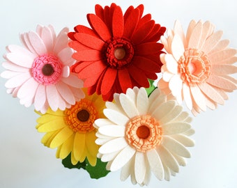 Set van 5 grote gerbera's, kies kleur, vilten bloemen, handgemaakte bloemen, vilten boeket, namaakbloemen, kunstbloemen, vilten bladeren