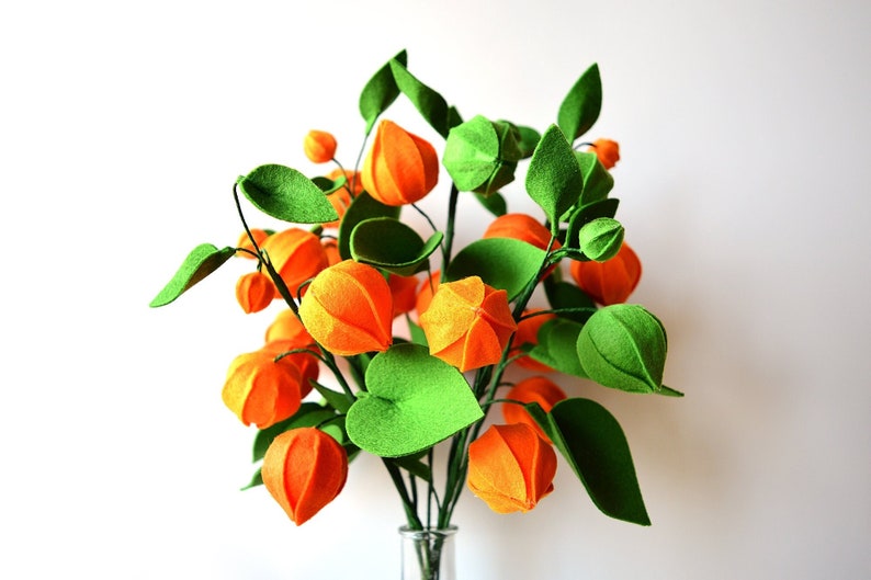 Physalis, 7 twigs, Gooseberry, Groundcherries, Greenery, Felt Flowers, Handmade Felt Flower, Felt kit, Orange bouquet image 2