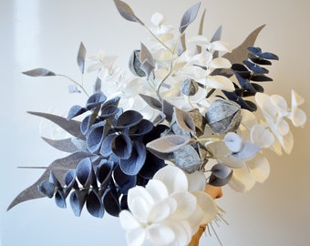 Monochrome Bouquet, White Eucalyptus, Gray leaves, Melange, Winter, Felt Flowers, Handmade, Felt kit, Felt flowers, Artificial flowers