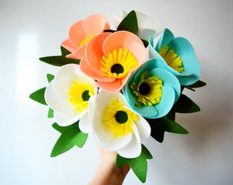 Buttercups, 7 flowers, Felt Flowers, Handmade Felt Flowers, Felt kit, Faux flowers, Artificial flowers, Felt bouquet, White flowers
