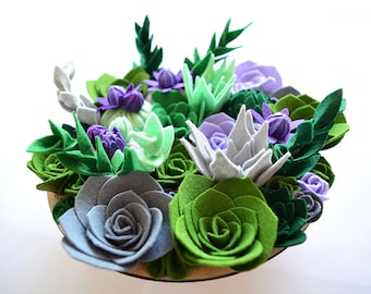 Felt Succulent, Vertical succulent garden, Purple Flowers, Faux plants, Greenery, Handmade, Cubicle Decor