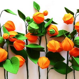 Physalis, 7 twigs, Gooseberry, Groundcherries, Greenery, Felt Flowers, Handmade Felt Flower, Felt kit, Orange bouquet image 3